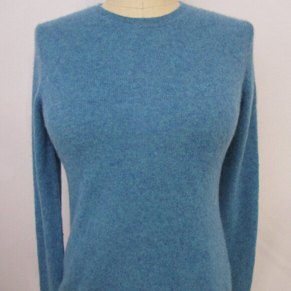 S Ellen Tracy CASHMERE Pullover Knit Sweater Crew Cuddly Fuzzy Heather Teal Blue - Picture 2 of 10